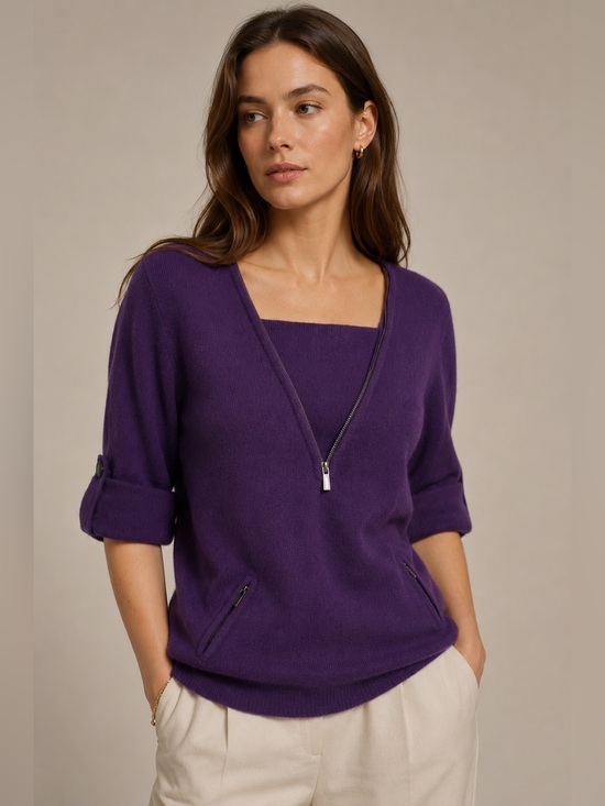 BCBGMaxAzria Tops - BCBGMAXAZRIA 100% Cashmere Convertible Zip Sweater Luxe Plum Purple NWOT Sz XS/S